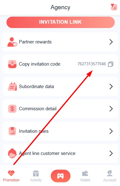 copy invitation code and share it